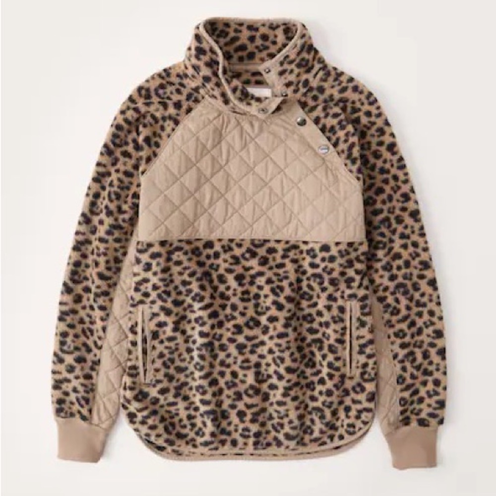 Abercrombie & Fitch Size S Asymmetrical Snap-Up Fleece in Brown Leopard Print